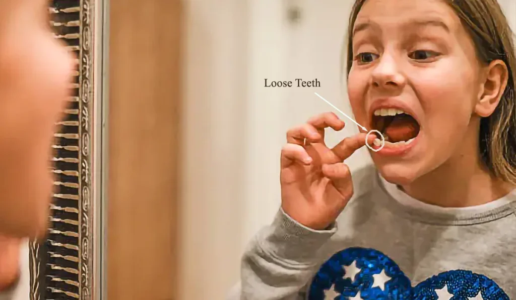 girl feeling her tooth loose