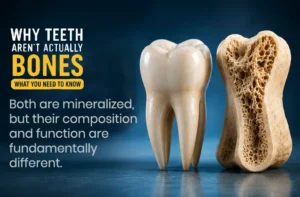 Why teeth aren't actually bones illustration showing a human tooth and bone structure side by side