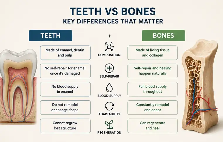 Tooth and bone structure comparison diagram highlighting key biological differences