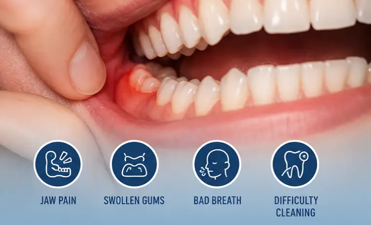 Early signs of wisdom teeth coming in including swollen gums and partially erupted wisdom tooth