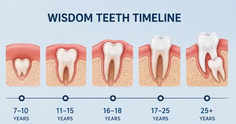 Wisdom teeth timeline showing tooth development and eruption from childhood to adulthood